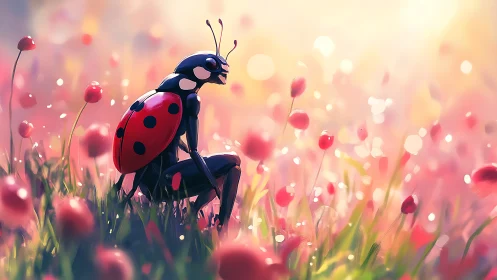 Ladybug humanoid figure in soft pink flower meadow.