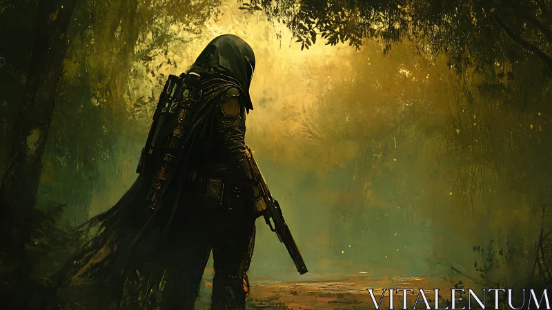 Lone cloaked hunter in misty forest lightscape at dusk.