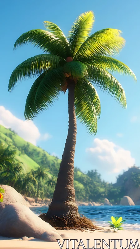 Solitary Coconut Palm with Illuminated Fronds Against Clear Sky