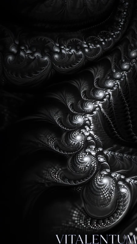 Parametric monochrome fractal cascade with luminous microstructures.