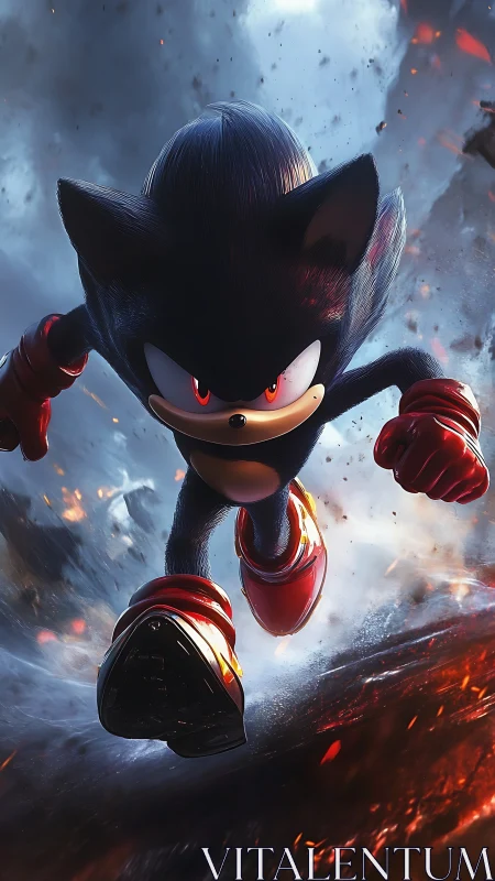 Shadow-streaked speedster charges through molten stormscape.