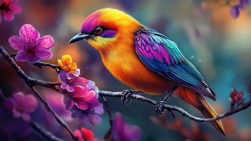 Vibrant Colorful Bird Perched on Blossoming Branch, Digital Art Style.