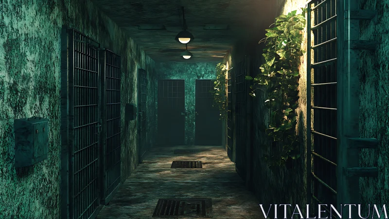 Bioluminescent decay in abandoned carceral passageway scene.