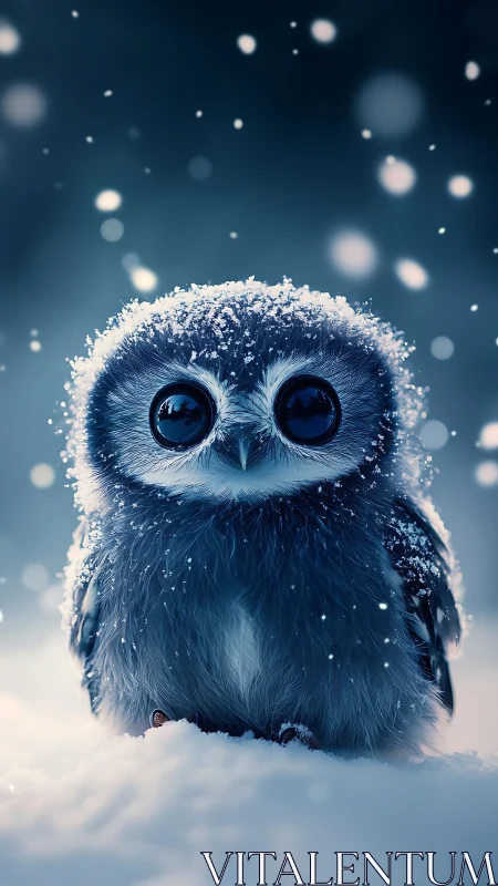 Tiny snow-dusted owl under softly falling winter magic.