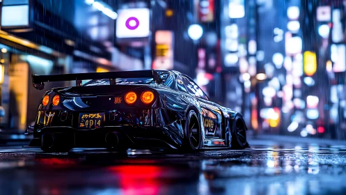 Widebody tuner coupe under neon-lit rain with cinematic bokeh depth