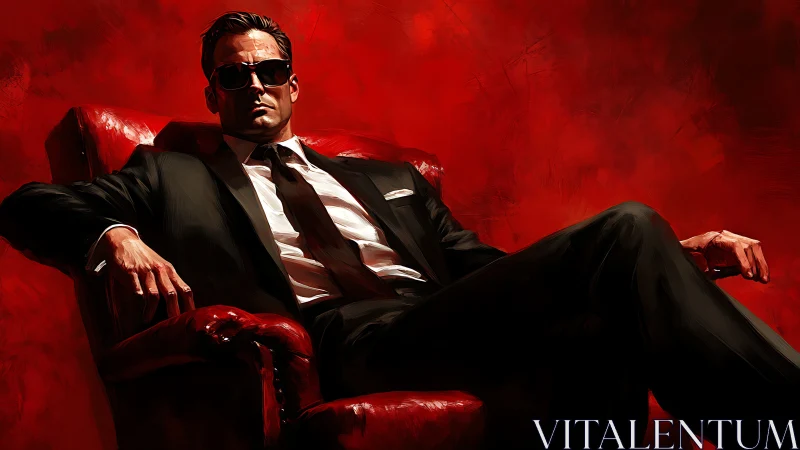 Man in suit seated in red armchair against abstract red field.