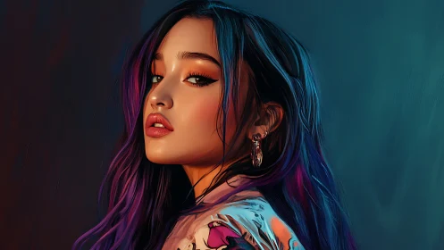 Digital portrait of woman with purple and blue hair.