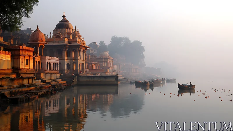 Gentle morning mist hugs riverside temples and quiet boats