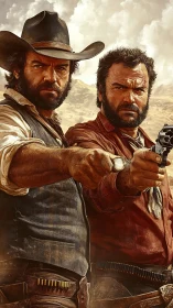 Gritty Western gunmen aiming revolvers in desert standoff.