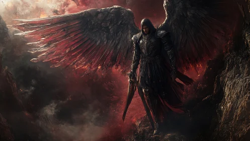 Winged armored figure in dark rocky, smoke-filled chasm.