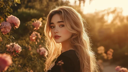 Woman stands in rose garden at sunset, looking to camera