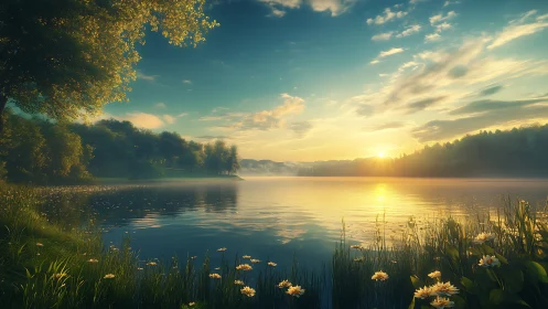 Golden hour lakeside panorama with reflective still water.