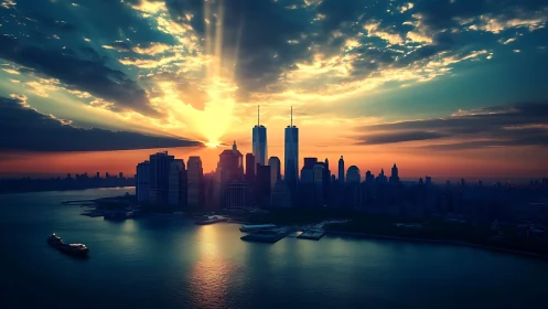 Urban waterfront skyline with sun rays behind towers.