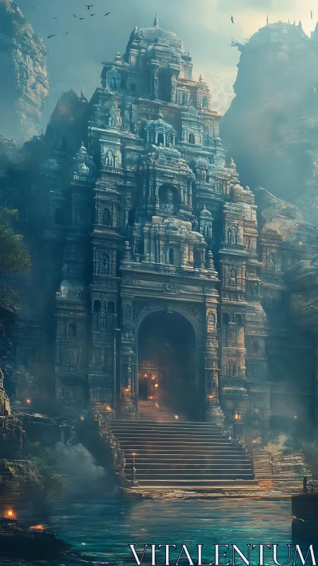 Ancient stone temple tower rises above misty turquoise water