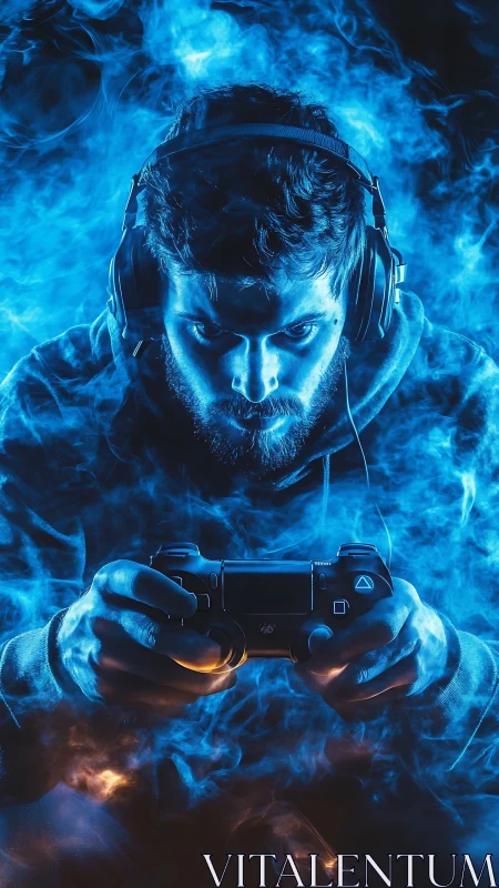 Focused gamer grips controller within intense blue energy glow
