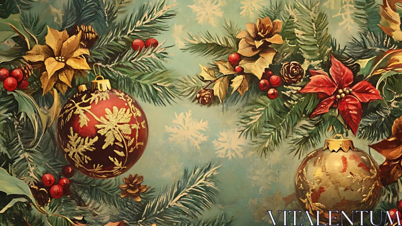 Ornate Christmas baubles with poinsettias and evergreen boughs.