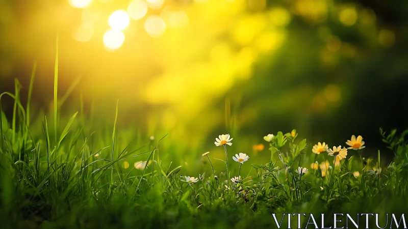 Wild daisies grow in tall grass under strong golden sunlight