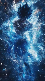 Blue-haired anime warrior stands in swirling energy field