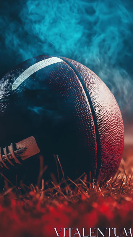 Macro gridiron football close-up with blue smoke backdrop