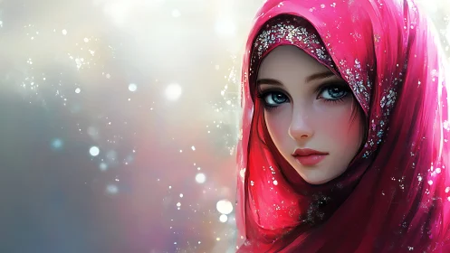 Iridescent bokeh portrait of veiled girl in crimson hijab.