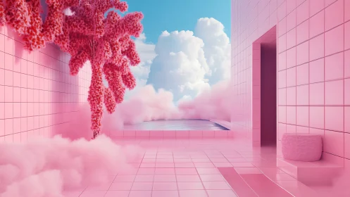 Surreal pink rooftop pool opens into dreamy cotton clouds