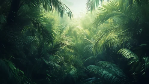 Sunlight Filtering Through Lush Palm Canopy.