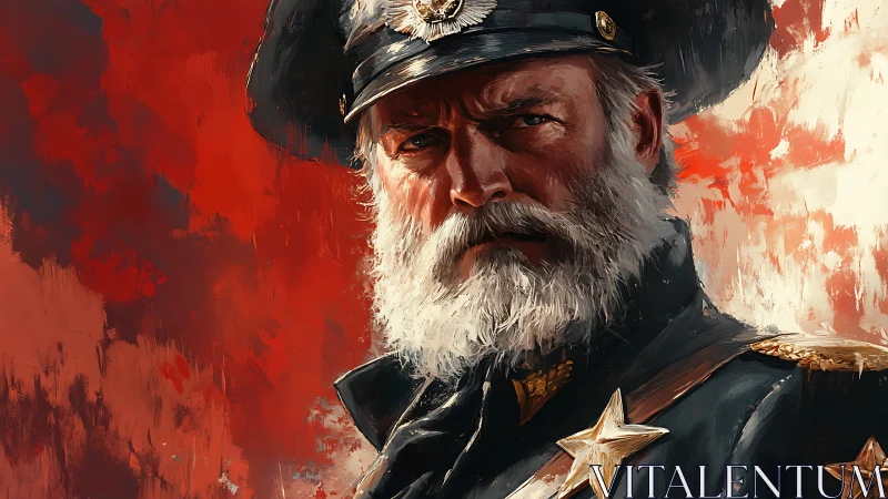 Bearded naval officer glares against bold red abstract backdrop