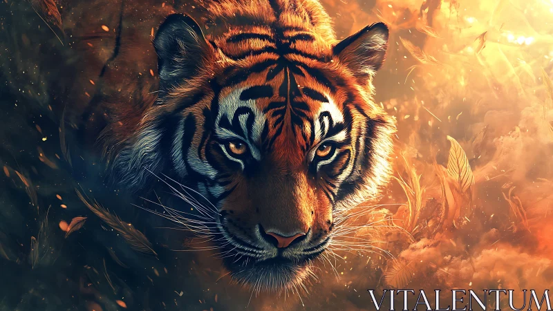 Tiger head in warm-toned digital environment close-up.