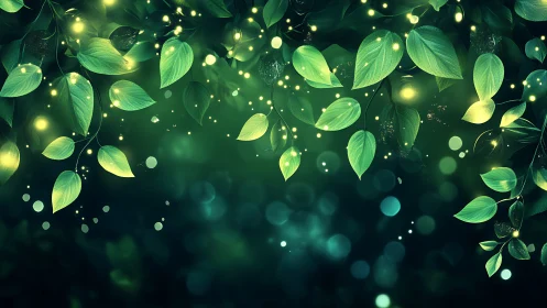 Glowing forest leaves dancing with soft magical fireflies.