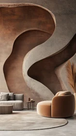 Curved textured wall with neutral modern lounge seating.