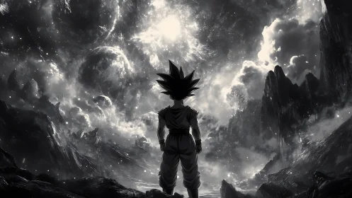 Silhouetted figure facing cosmic sky over rocky terrain.