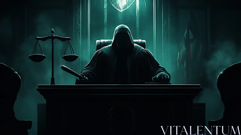 Hooded judge in shadowed courtroom with eerie teal light.