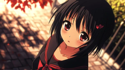 Autumn-lit anime schoolgirl rendered in warm cinematic lighting