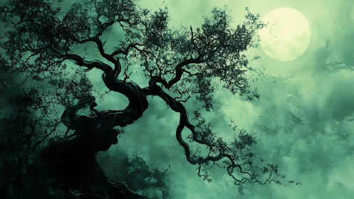 Nocturnal bonsai silhouette against luminous lunar haze.