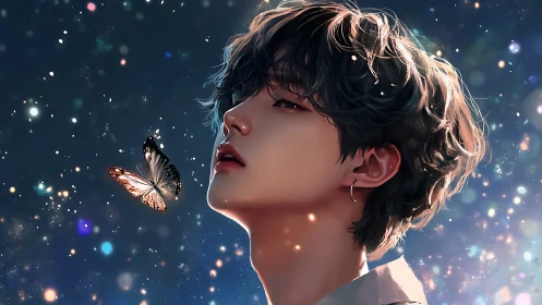 Ethereal youth gazes at glowing butterfly in stardust night.