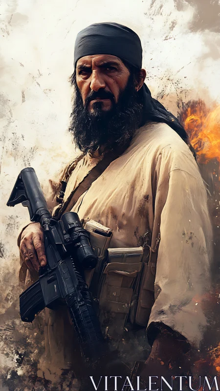 Battle-hardened fighter stands amid smoke and firestorm.