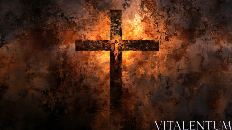 Burning dusk crucifix shrouded in shadowed, embered clouds.