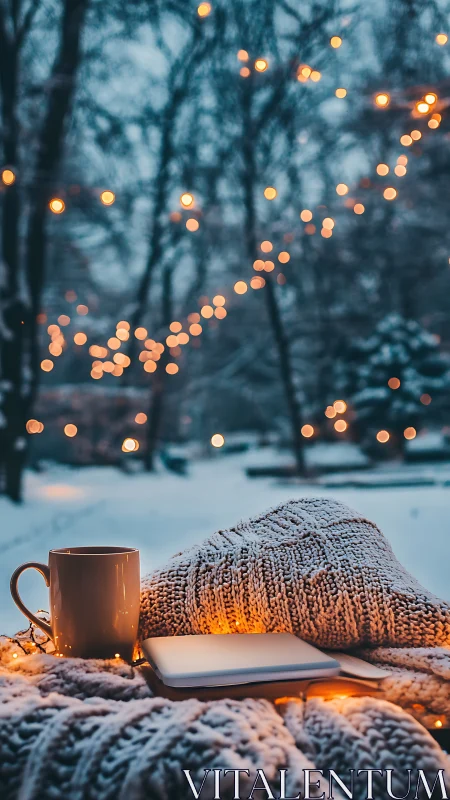 Snowy evening coziness glows with lights, blanket, and warm mug