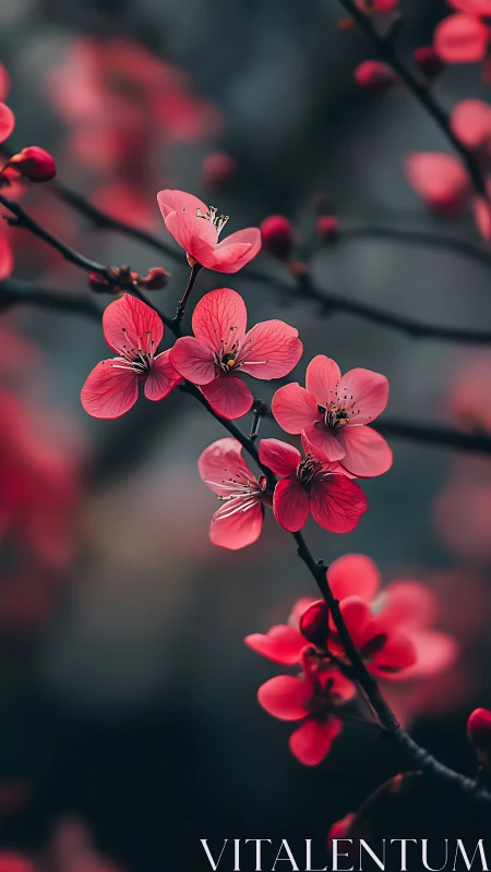 Pink Cherry Blossoms. Dark Branch Framework. Soft Focus.