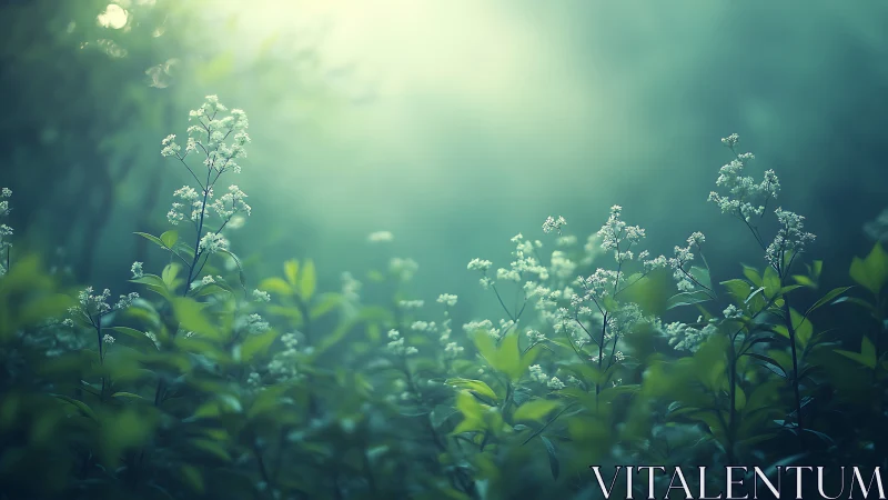 Backlit woodland flora in soft atmospheric diffusion field.