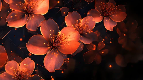Glowing orange blossoms drift in a dark, dreamy night garden