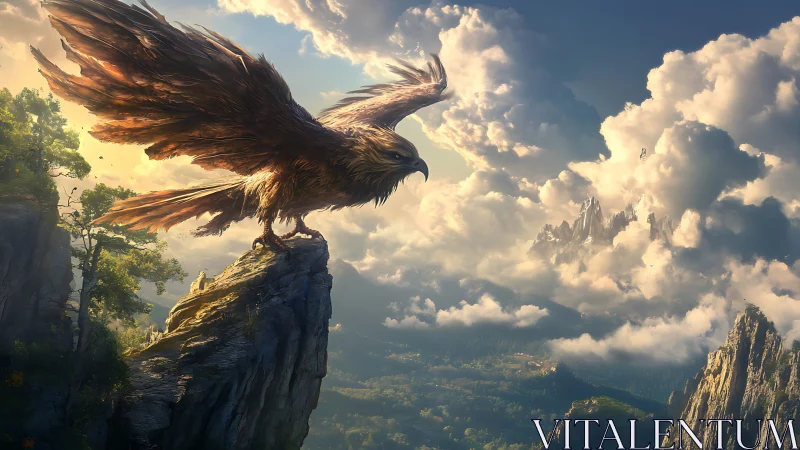 Majestic Giant Eagle on Mountain Cliff in Fantastical Digital Art.
