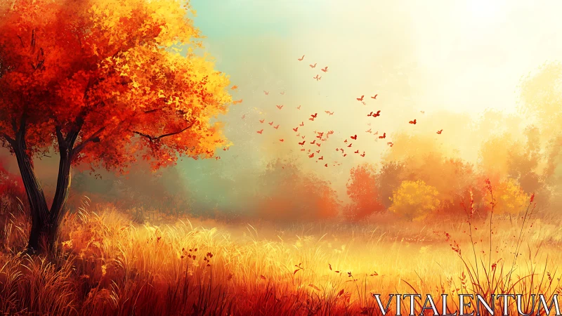 Crimson leaves whisper as autumn birds ignite the sky