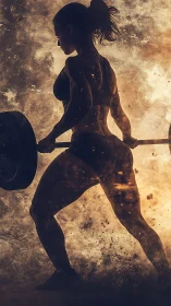 Strong female weightlifter silhouette amid fiery dust storm