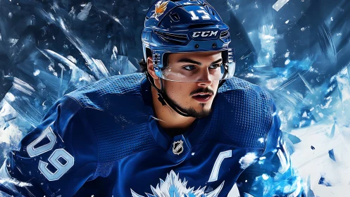 Hockey player in blue uniform rendered in digital style