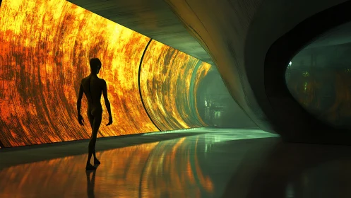 Silhouetted figure crossing molten-lit futuristic corridor.