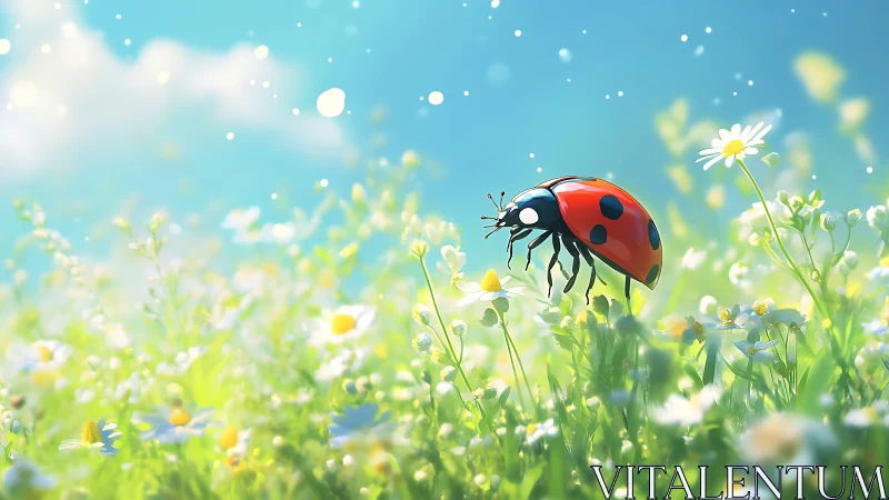Ladybug rests on sunlit daisies in glowing spring meadow.