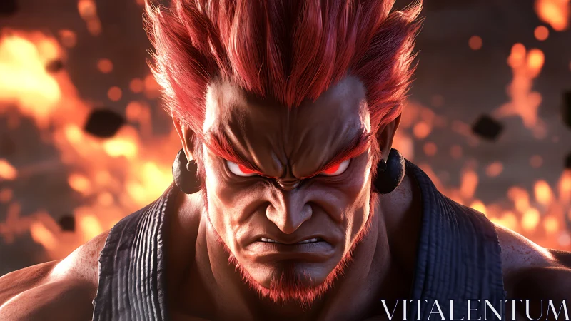 Muscular red haired fighter scowls amid fiery explosion