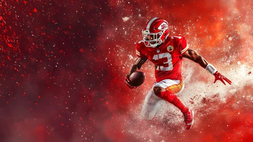 American football player running through red abstract field.
