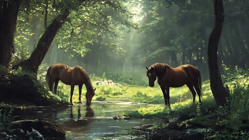 Two bay horses rest by a forest stream in dappled light